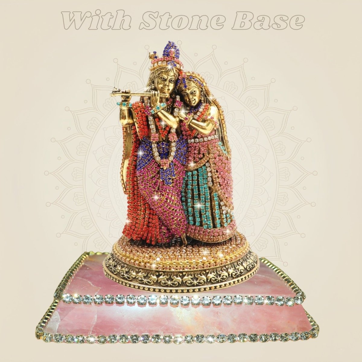 Elegant Brass Radha Krishna Murti with Rhinestone Detailing – 5.5 Inch - Luxeartisanship