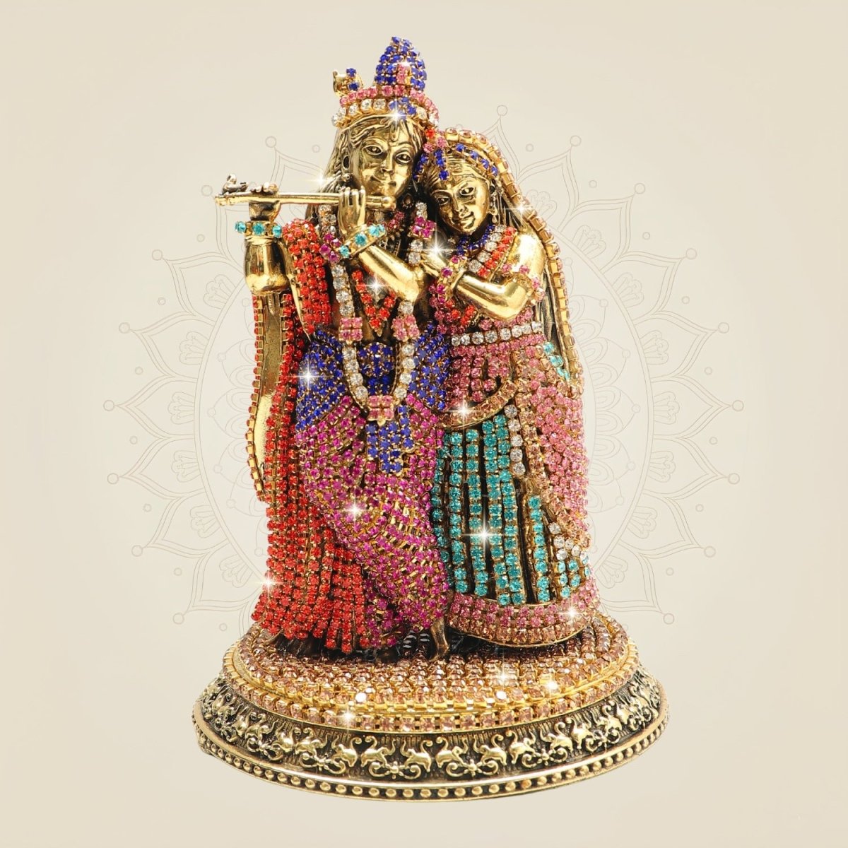 Elegant Brass Radha Krishna Murti with Rhinestone Detailing – 5.5 Inch - Luxeartisanship