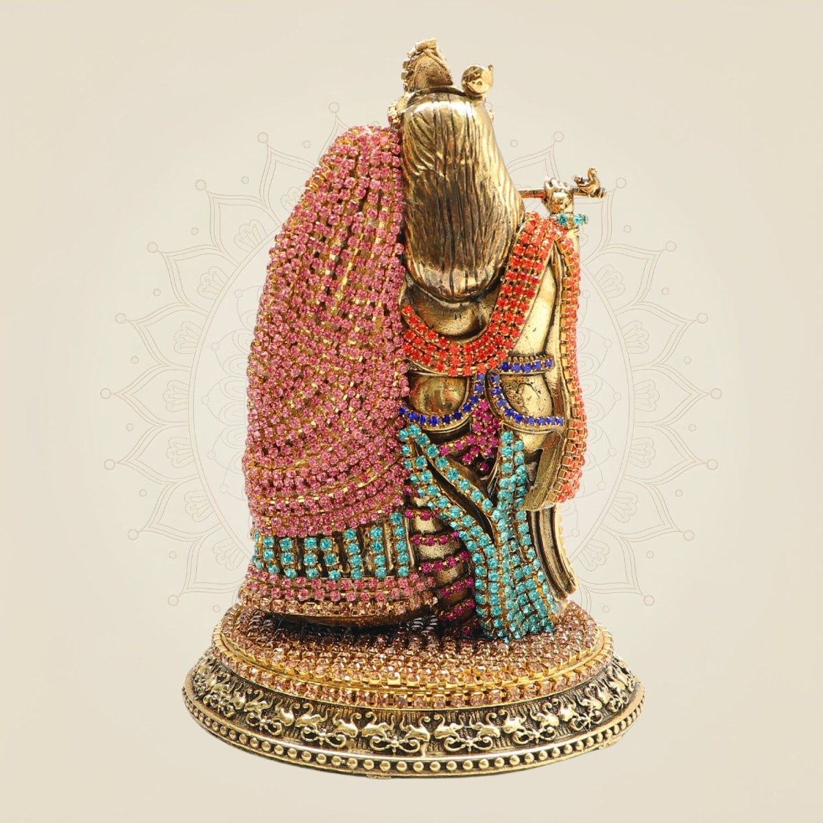 Elegant Brass Radha Krishna Murti with Rhinestone Detailing – 5.5 Inch - Luxeartisanship