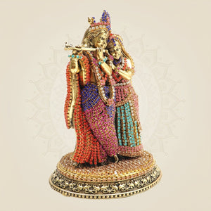 Elegant Brass Radha Krishna Murti with Rhinestone Detailing – 5.5 Inch - Luxeartisanship