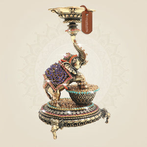 Elephant Brass Diya 6 Inch Oil Deepam with Rhinestone Work - Luxeartisanship