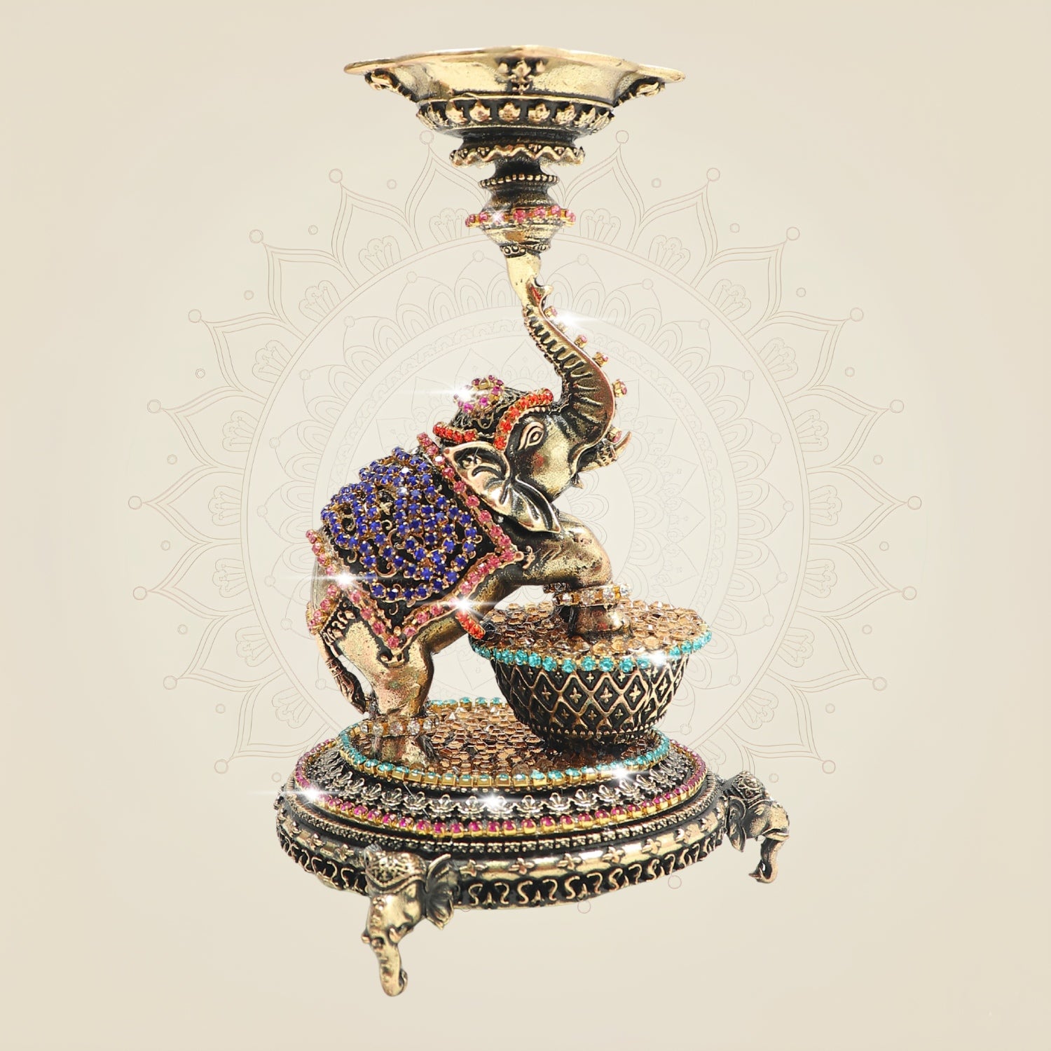 Elephant Brass Diya 6 Inch Oil Deepam with Rhinestone Work - Luxeartisanship