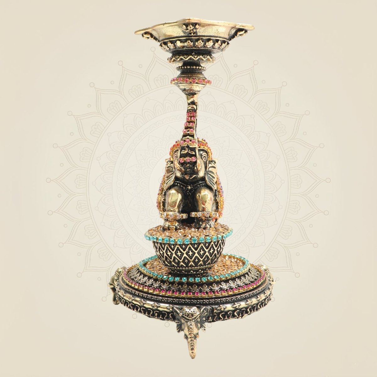 Elephant Brass Diya 6 Inch Oil Deepam with Rhinestone Work - Luxeartisanship