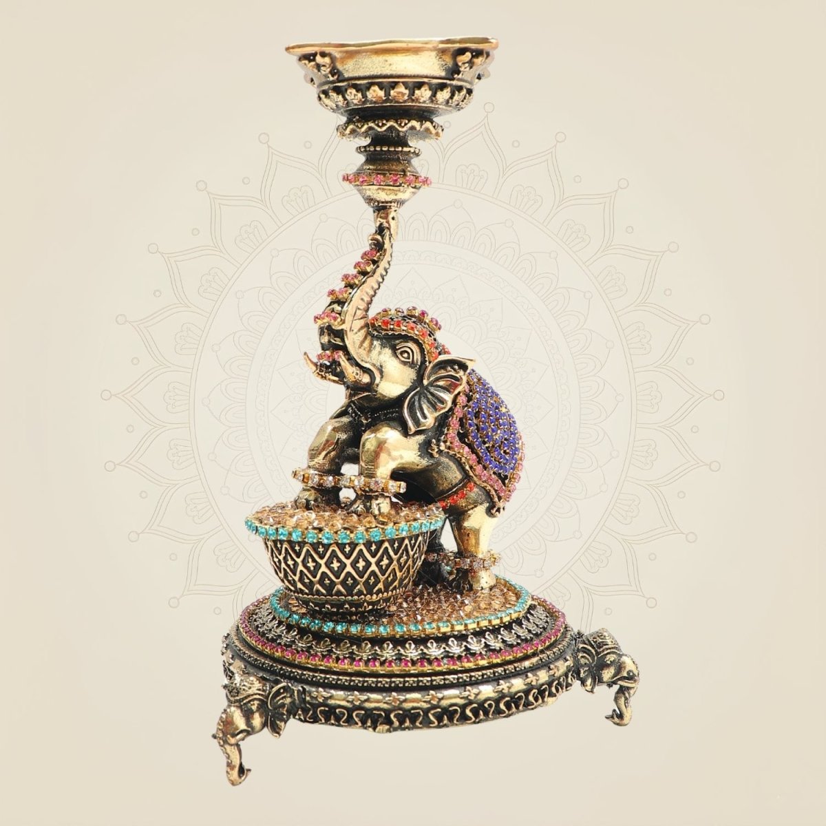 Elephant Brass Diya 6 Inch Oil Deepam with Rhinestone Work - Luxeartisanship