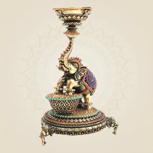 Elephant Brass Diya 6 Inch Oil Deepam with Rhinestone Work - Luxeartisanship