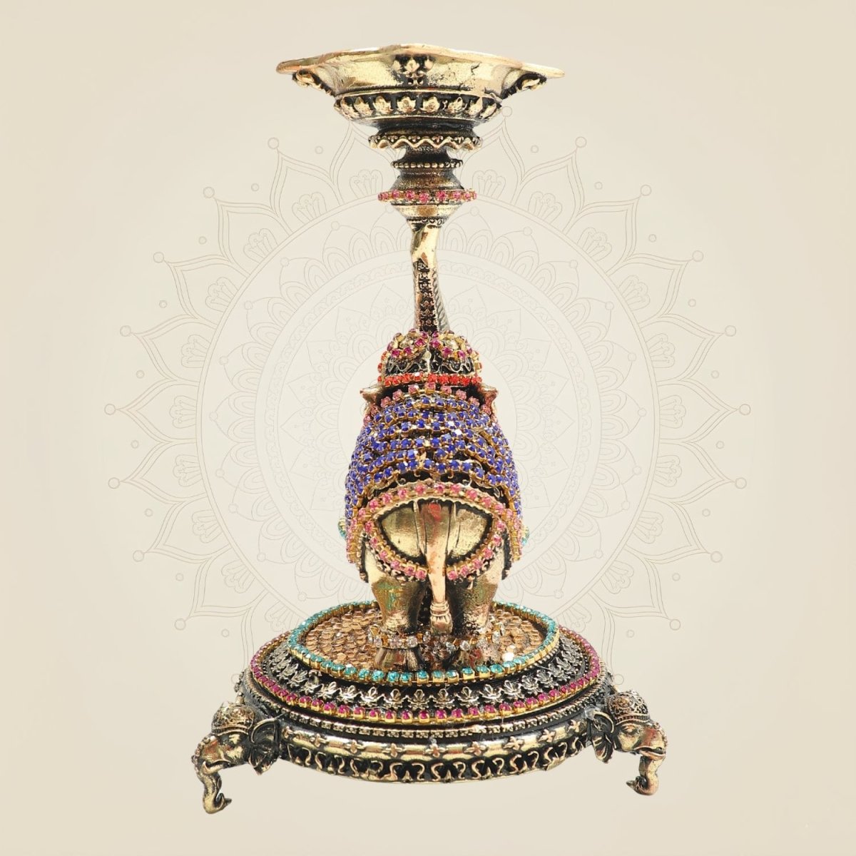 Elephant Brass Diya 6 Inch Oil Deepam with Rhinestone Work - Luxeartisanship