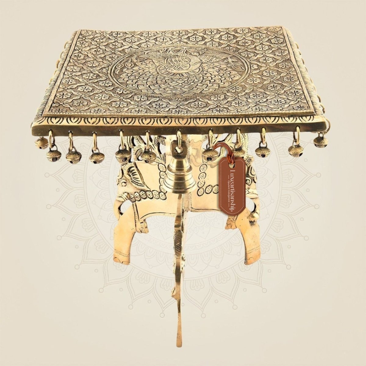 Engraved Brass Ritual Chowki with Ghungroos