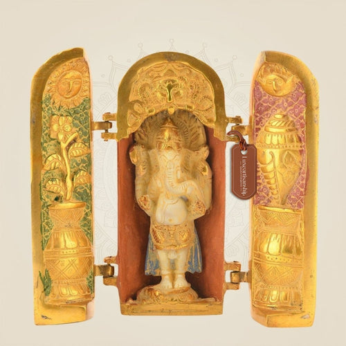 Folding Ganesha Temple 7.5″ – Mud Finish Brass Handcrafted Decorative Showpiece