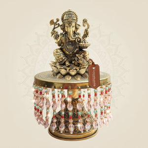 Ganesh Brass Idol on Chowki Highlighting Four Arm Structure 8.75" - Luxeartisanship