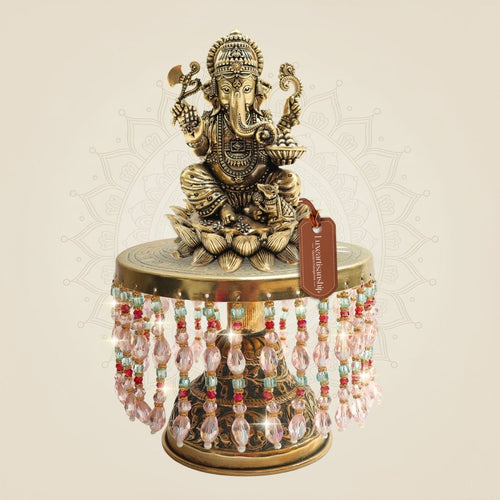 Ganesh Brass Idol on Chowki Highlighting Four Arm Structure 8.75"