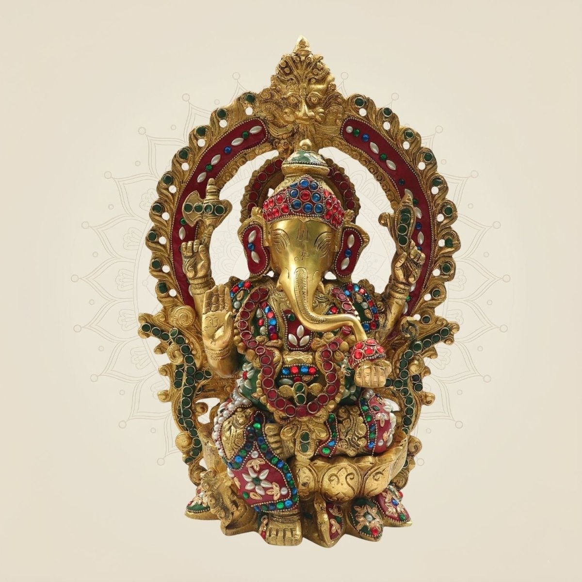 Ganesh Brass Murti 15" - Decorative Idol with Pearl & Colorful Stone Inlay Work - Luxeartisanship