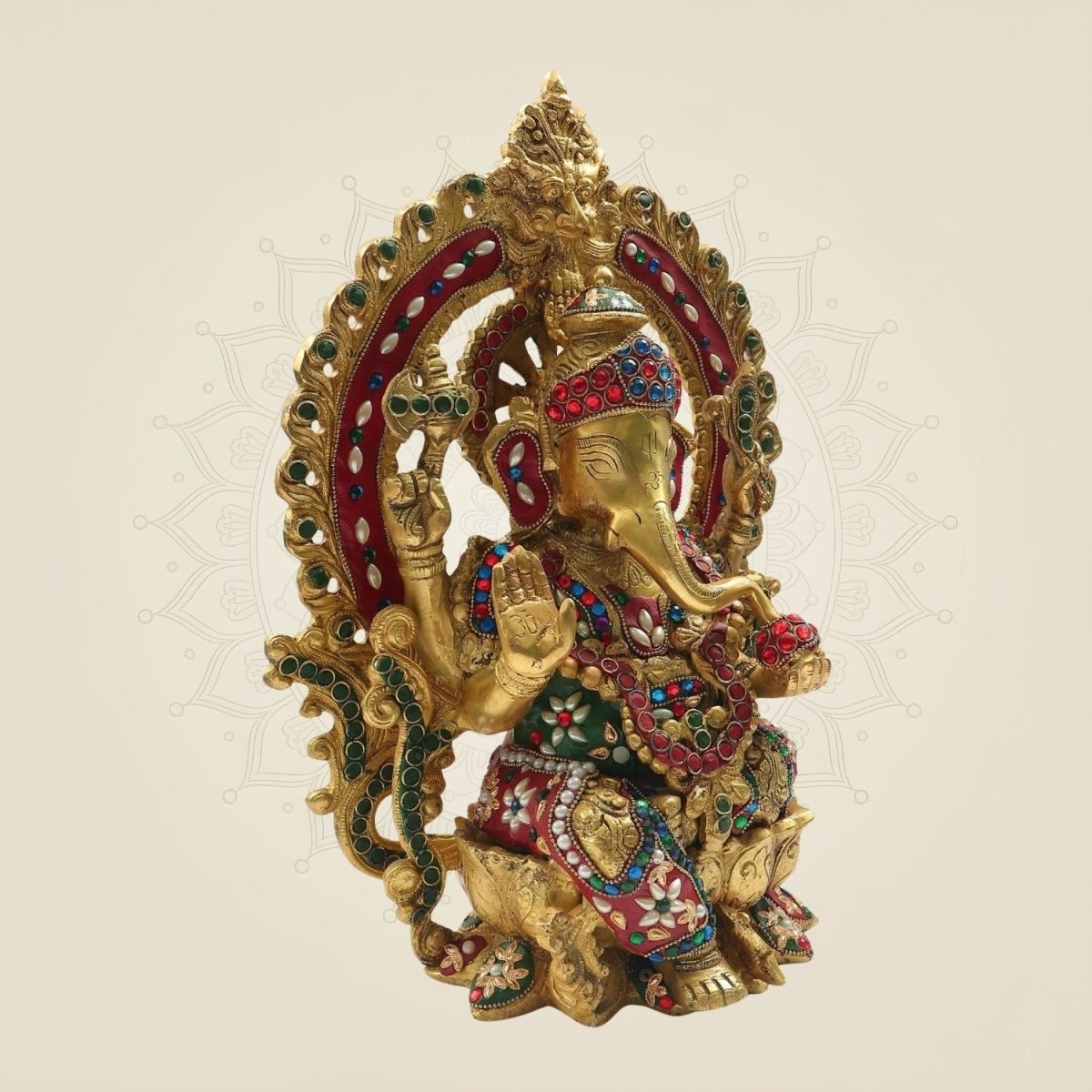 Ganesh Brass Murti 15" - Decorative Idol with Pearl & Colorful Stone Inlay Work - Luxeartisanship