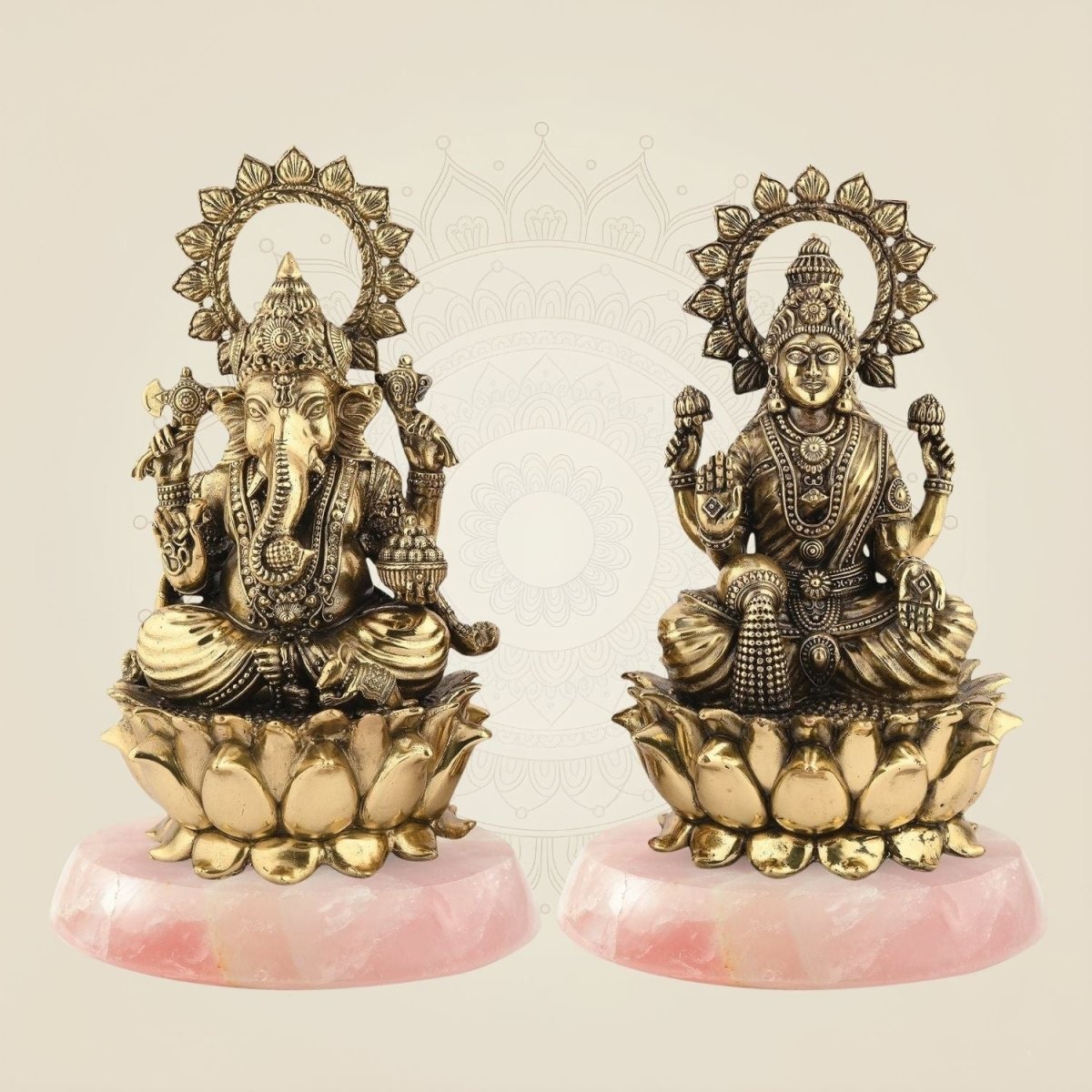 Ganesh Laxmi Brass Idol on Lotus – 5" Handcrafted Superfine Murti - Luxeartisanship