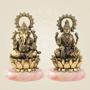 Ganesh Laxmi Brass Idol on Lotus – 5" Handcrafted Superfine Murti - Luxeartisanship