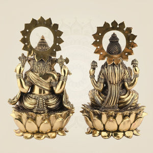 Ganesh Laxmi Brass Idol on Lotus – 5" Handcrafted Superfine Murti - Luxeartisanship