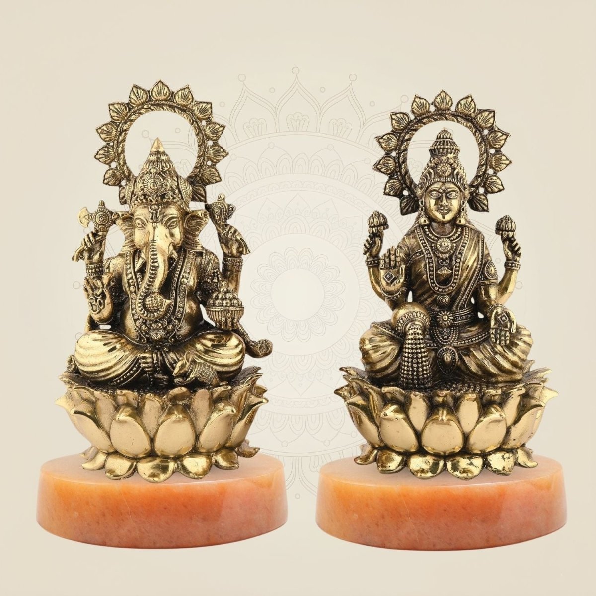 Ganesh Laxmi Brass Idol on Lotus – 5" Handcrafted Superfine Murti - Luxeartisanship