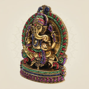 Ganesha Brass Idol 6" Decorated with Jewellery Stone - Luxeartisanship