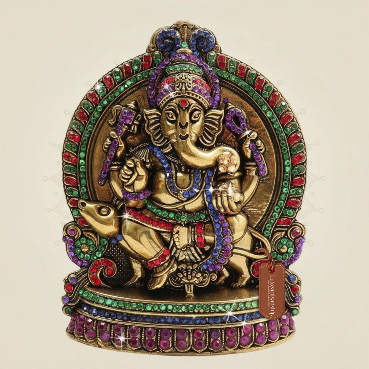 Ganesha Brass Idol 6" Decorated with Jewellery Stone - Luxeartisanship
