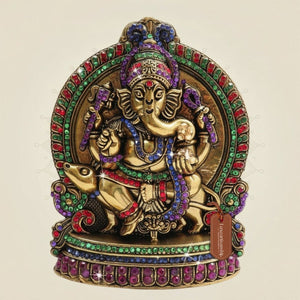 Ganesha Brass Idol 6" Decorated with Jewellery Stone - Luxeartisanship