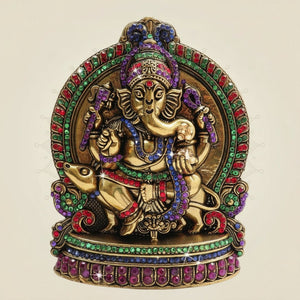 Ganesha Brass Idol 6" Decorated with Jewellery Stone - Luxeartisanship