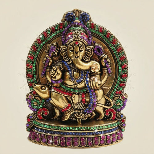 Ganesha Brass Idol 6" Decorated with Jewellery Stone