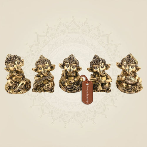 Ganesha Musician Set of 5 – 5 Inch" Brass Idols for Festive, Gifts & Spiritual Decor