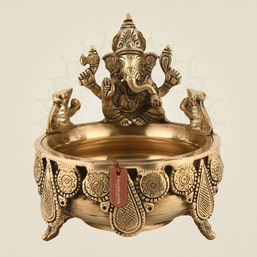 Ganesha Urli Bowl 7" - Handcrafted Pure Brass Decorative Urli for Pooja & Festive Decor