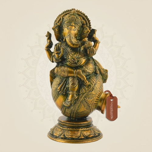 Ganesha with Mouse in Pot – 9.5" Handcrafted Pure Brass Idol for Home & Gift