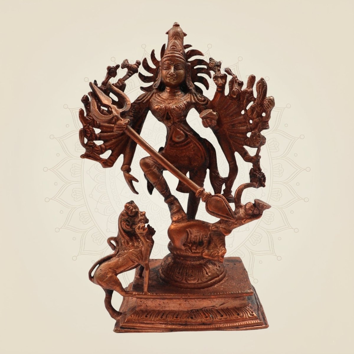 Goddess Durga Mahishasura Mardini Handcrafted Copper Idol 7" - Luxeartisanship