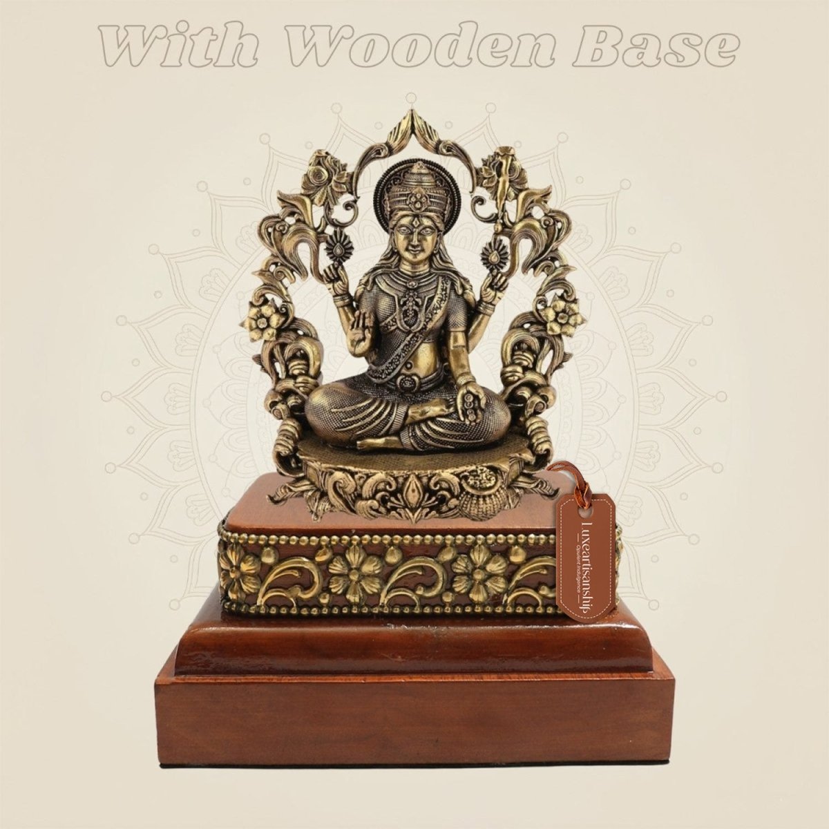 Goddess Lakshmi Darbar Brass Idol 3.75 Inch with Square Wooden Base - Luxeartisanship