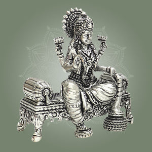 Goddess Lakshmi Silver Plated Brass Idol on Singhasan 3.5" - Luxeartisanship