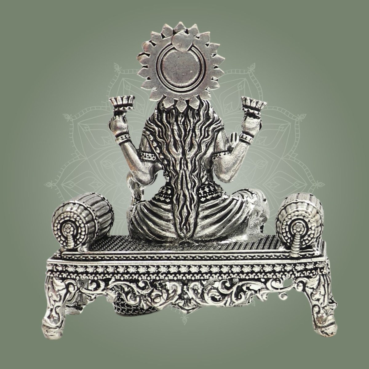 Goddess Lakshmi Silver Plated Brass Idol on Singhasan 3.5" - Luxeartisanship