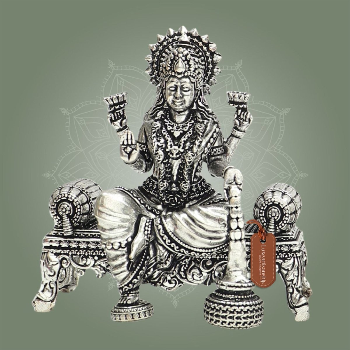 Goddess Lakshmi Silver Plated Brass Idol on Singhasan 3.5" - Luxeartisanship