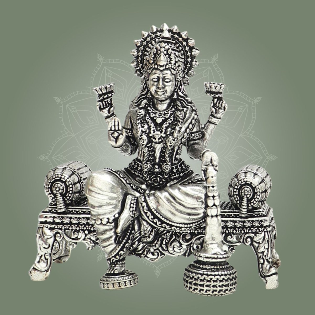 Goddess Lakshmi Silver Plated Brass Idol on Singhasan 3.5" - Luxeartisanship