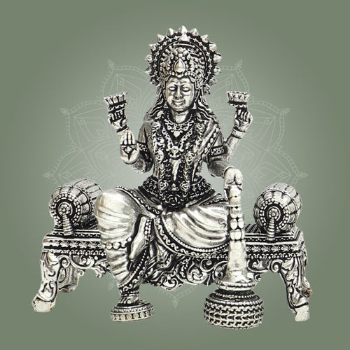 Goddess Lakshmi Silver Plated Brass Idol on Singhasan 3.5"