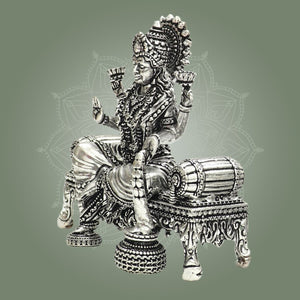 Goddess Lakshmi Silver Plated Brass Idol on Singhasan 3.5" - Luxeartisanship