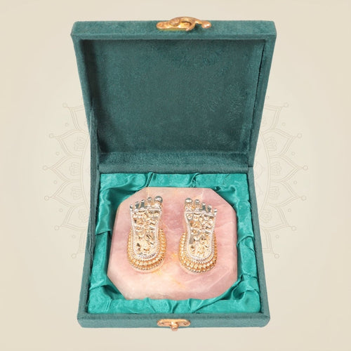 Gold & Silver-Plated Charan Paduka on Rose Quartz Base – Premium Spiritual Decor
