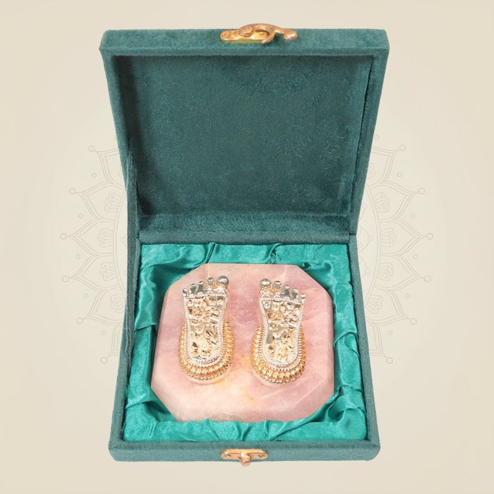 Gold & Silver-Plated Charan Paduka on Rose Quartz Base – Premium Spiritual Décor