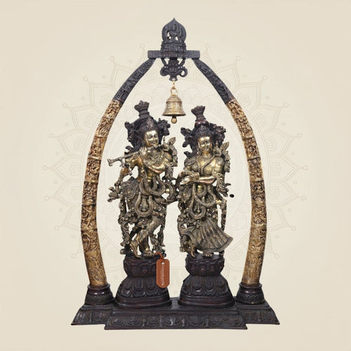 Grand Brass Radha Krishna Idol with Pillars & Bell 44.5" – Golden Brown Finish