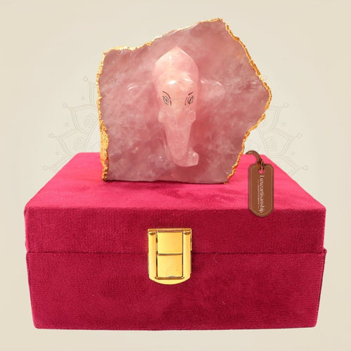 Hand-Carved Rose Quartz Ganesha Figurine on Natural Stone Base – Spiritual Decor