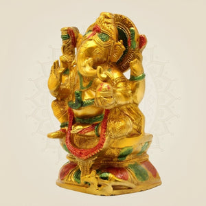 Hand - Painted Brass Ganesha Idol – 7.5" Murti for Mandir & Gift Decor - Luxeartisanship