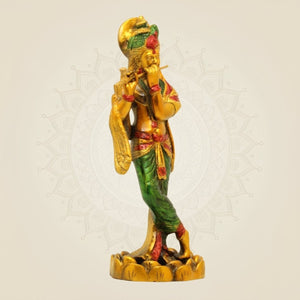 Hand - Painted Brass Krishna Idol 10.25"– Flute Playing Murti for Mandir or Gift - Luxeartisanship