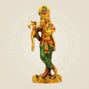 Hand - Painted Brass Krishna Idol 10.25"– Flute Playing Murti for Mandir or Gift - Luxeartisanship