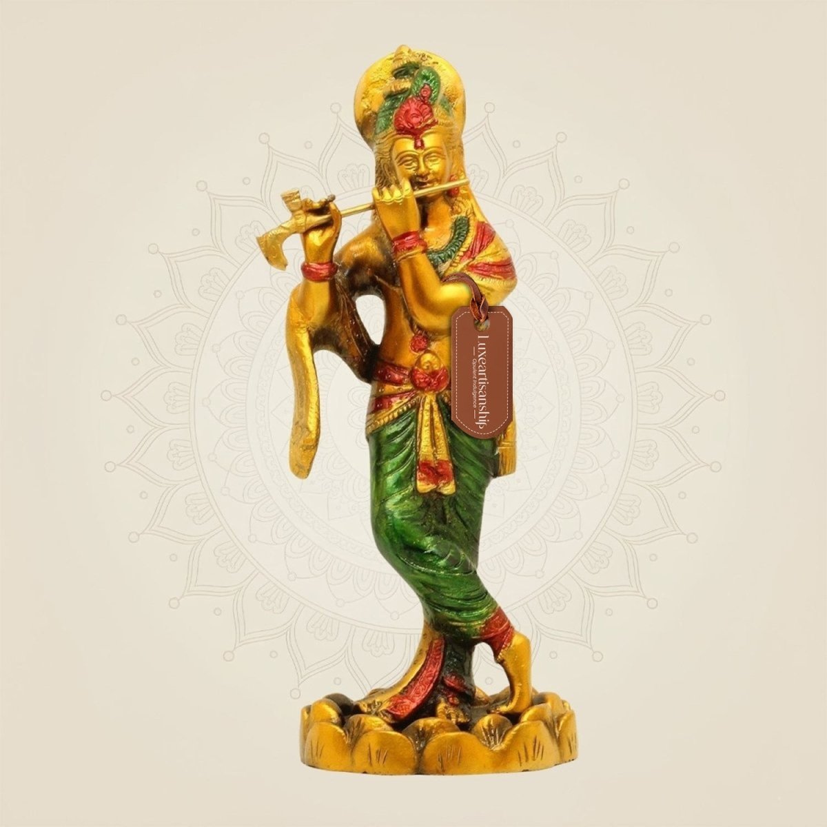 Hand - Painted Brass Krishna Idol 10.25"– Flute Playing Murti for Mandir or Gift - Luxeartisanship