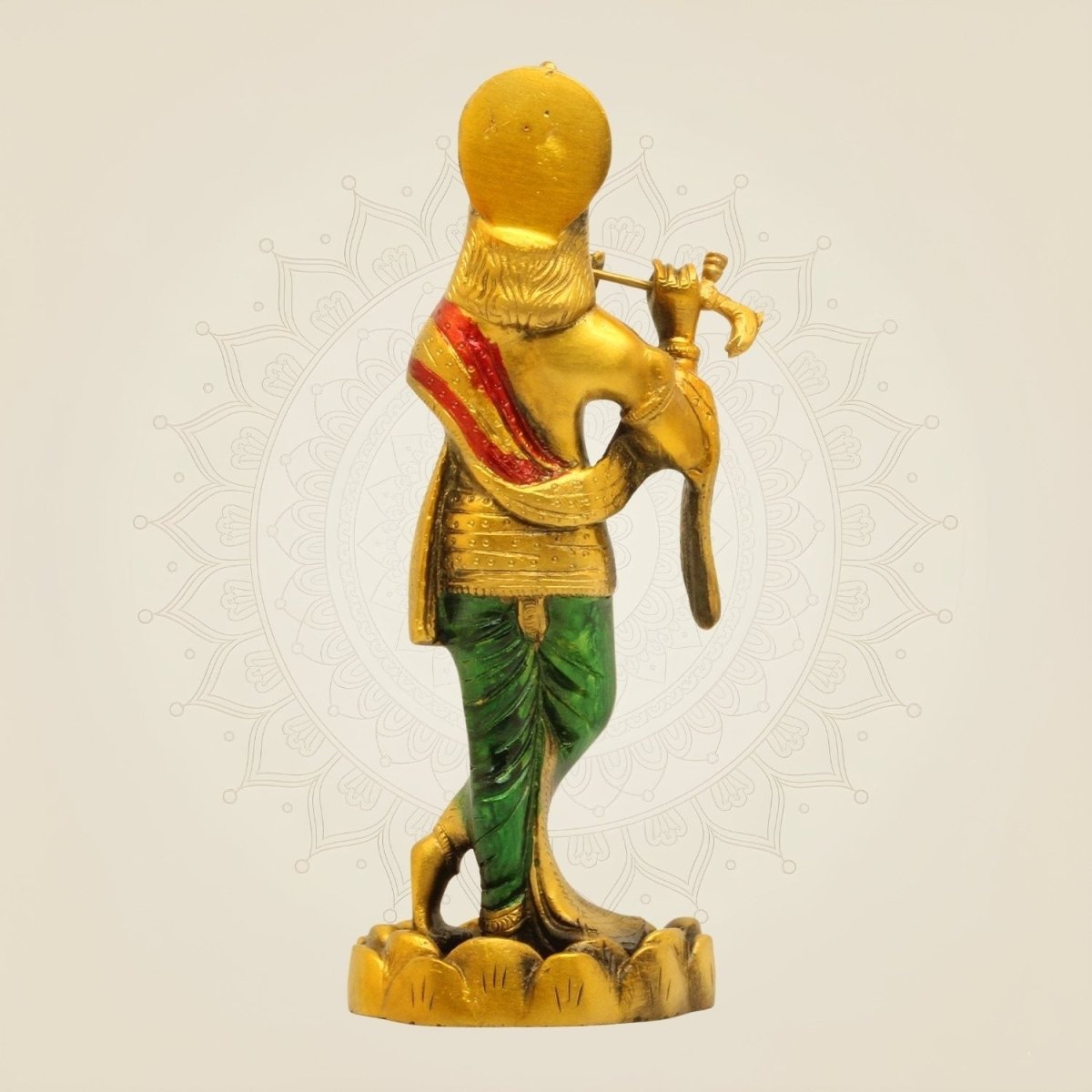 Hand - Painted Brass Krishna Idol 10.25"– Flute Playing Murti for Mandir or Gift - Luxeartisanship