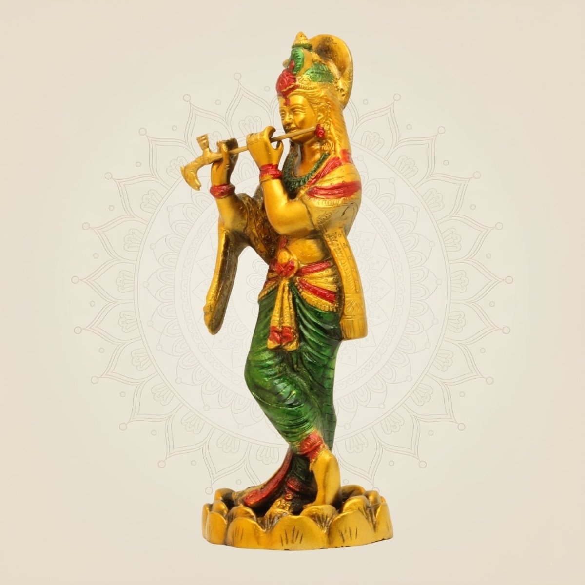 Hand - Painted Brass Krishna Idol 10.25"– Flute Playing Murti for Mandir or Gift - Luxeartisanship