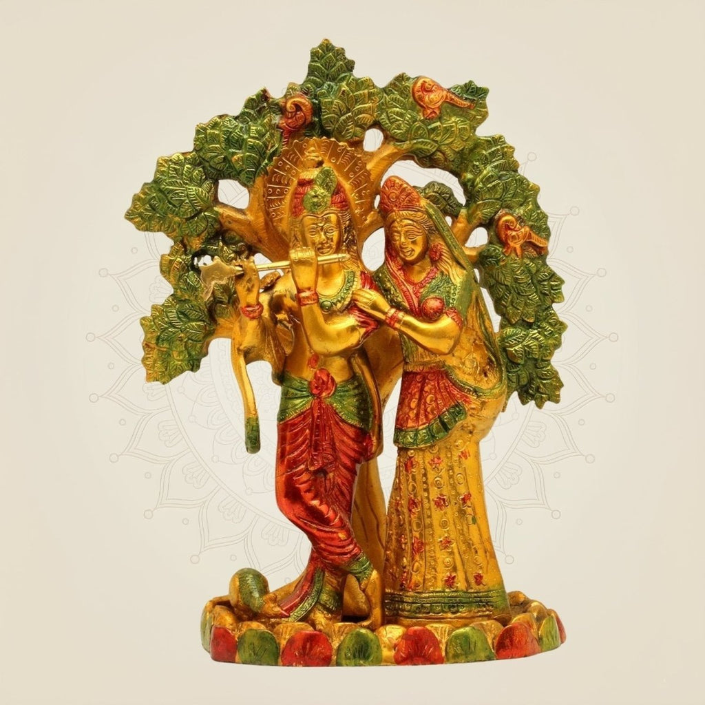 Radha Tree Hand-Painted Brass Radha Krishna Idol – Tree Design Murti