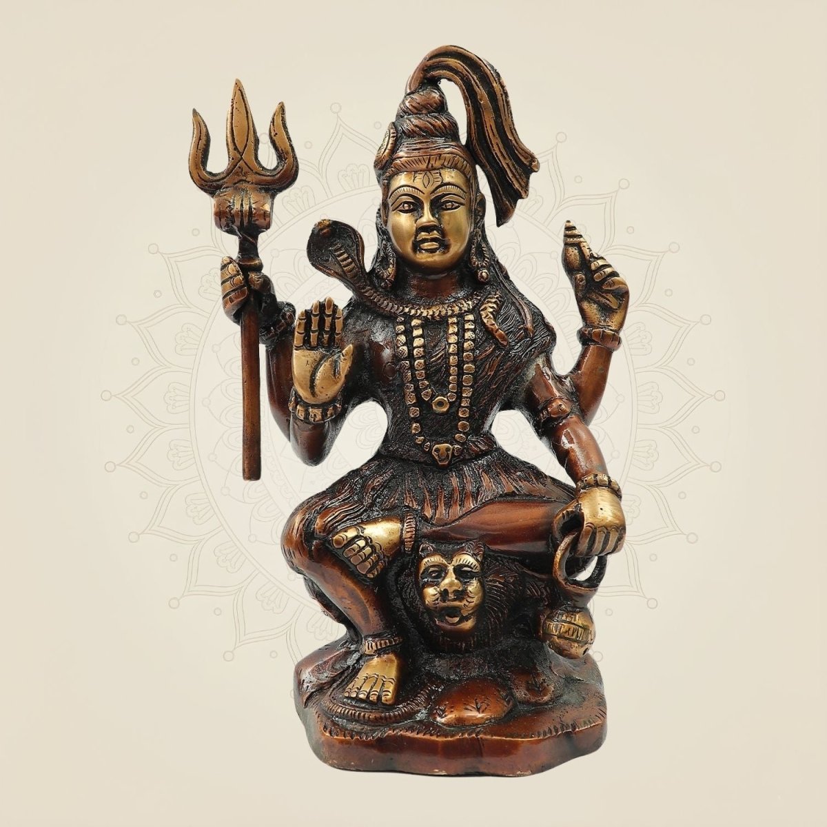 Hand Painted Brass Shiva Idol with Trishul & Damru | Evil Destroyer Murti - 8.75" - Luxeartisanship