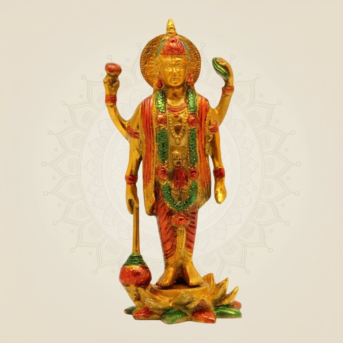Hand - Painted Brass Vishnu Idol 8.25" – Standing Statue on Lotus Base - Luxeartisanship
