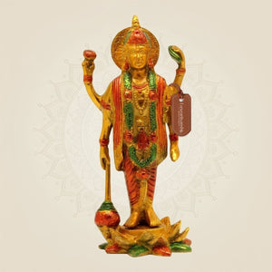 Hand - Painted Brass Vishnu Idol 8.25" – Standing Statue on Lotus Base - Luxeartisanship